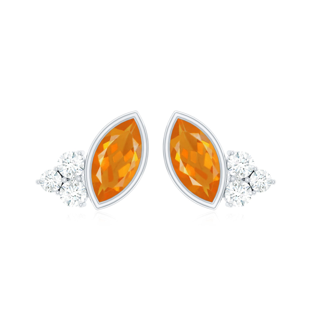 Marquise cut fire opal stud earrings with diamond trio accents by Rosec Jewels, showcasing vibrant orange gemstones and sparkling diamonds.