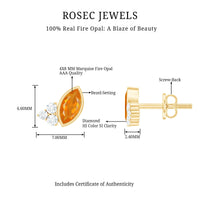 Marquise cut fire opal stud earrings with diamond trio accents by Rosec Jewels, featuring vibrant orange gemstones and sparkling diamonds.