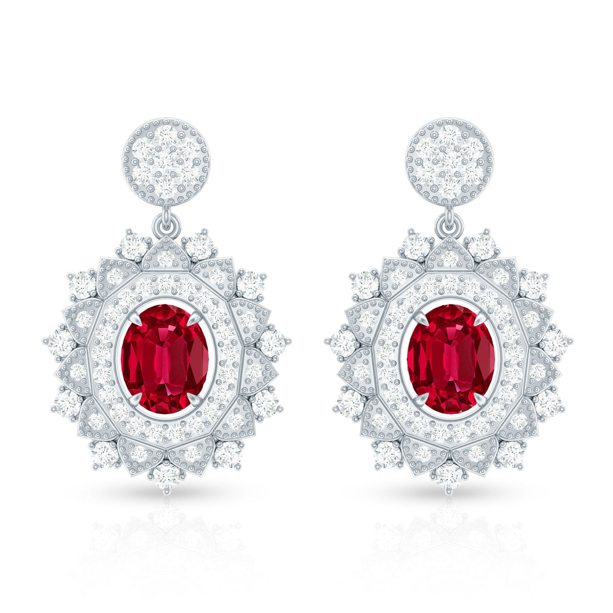 Vintage Lab Created Ruby Bridal Drop Earrings with Diamonds