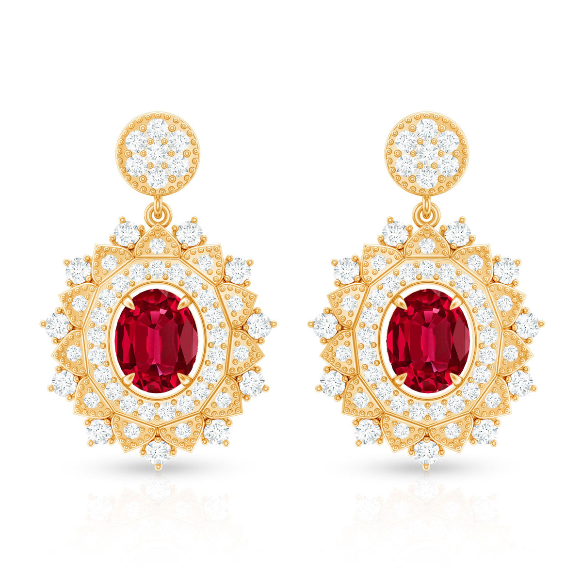 Vintage Lab Created Ruby Bridal Drop Earrings with Diamonds