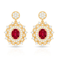 Vintage Lab Created Ruby Bridal Drop Earrings with Diamonds