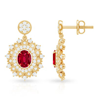 Vintage Lab Created Ruby Bridal Drop Earrings with Diamonds