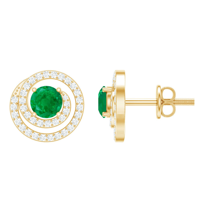 Natural emerald diamond swirl earrings with screw back from Rosec Jewels, featuring sparkling emeralds and intricate swirl design.