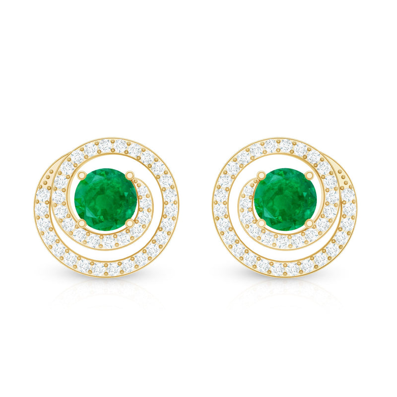 Natural emerald diamond swirl earrings by Rosec Jewels with screw back, showcasing elegant green emeralds and sparkling diamonds.