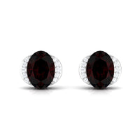 Oval Garnet Solitaire Stud Earrings with Diamond