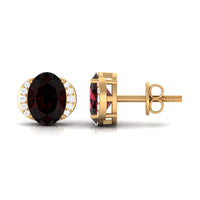 Oval Garnet Solitaire Stud Earrings with Diamond