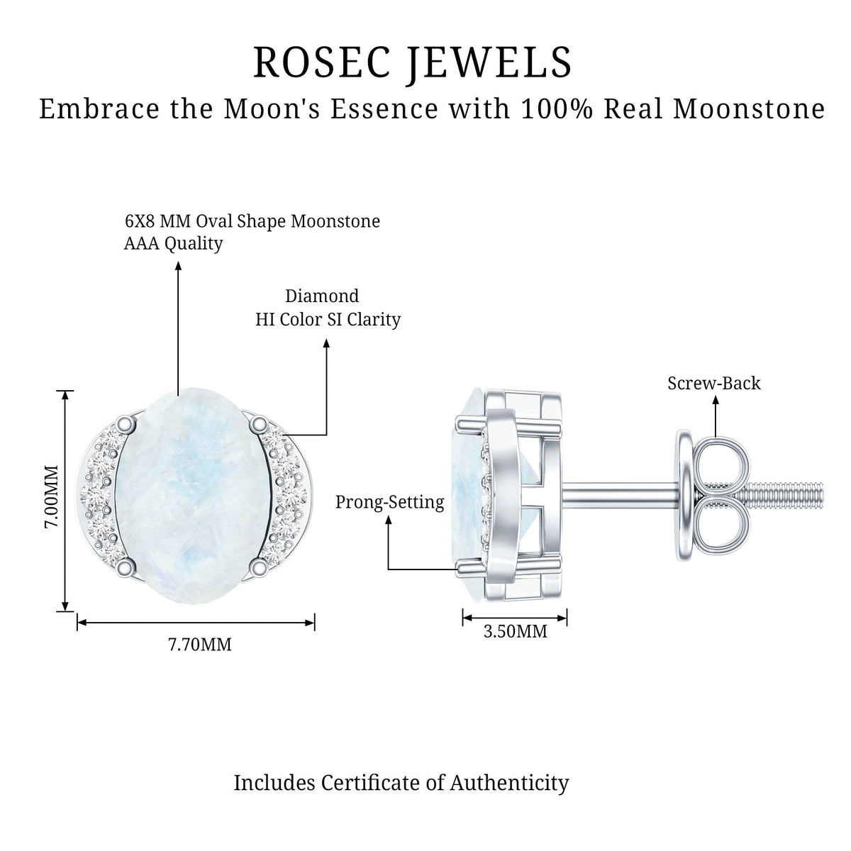 1.2 Carat Oval Moonstone Solitaire Stud Earrings with Diamond