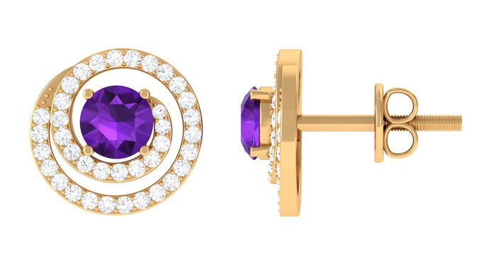 Natural amethyst diamond swirl earrings with screw back from Rosec Jewels, featuring purple amethyst stones and sparkling diamonds.