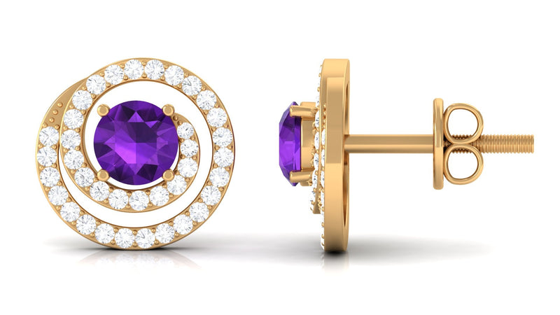 Natural amethyst and diamond swirl earrings with screw back closure by Rosec Jewels, featuring elegant gemstone detailing.