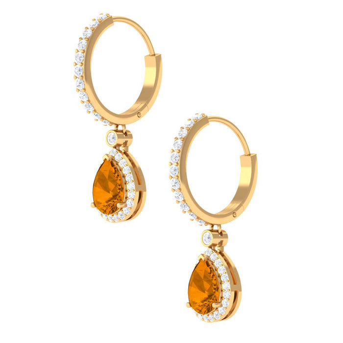 Natural citrine teardrop earrings with hinged hoops by Rosec Jewels, featuring faceted yellow gemstone dangles.
