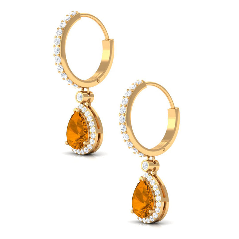 Natural citrine teardrop earrings with hinged hoops by Rosec Jewels, showcasing sparkling yellow gemstone drops and silver hooks.