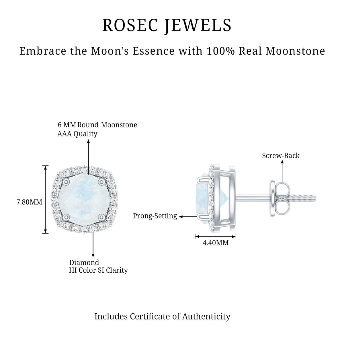 Natural 0.7 Carat Moonstone Stud Earrings with Diamond Halo