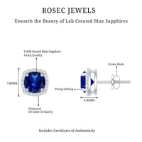 Certified Lab Grown Blue Sapphire and Diamond Halo Stud Earrings