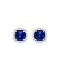 Certified Lab Grown Blue Sapphire and Diamond Halo Stud Earrings