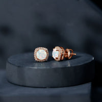 Real 1.6 Carat Ethiopian Opal and Diamond Halo Stud Earrings