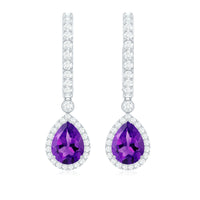2 Carat Pear Cut Amethyst Hoop Drop Earrings with Diamond Halo