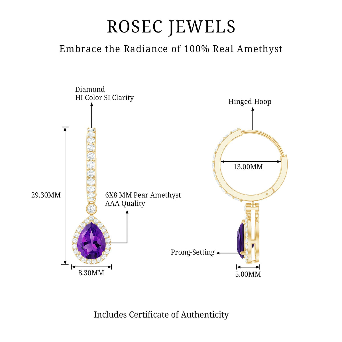 2 Carat Pear Cut Amethyst Hoop Drop Earrings with Diamond Halo
