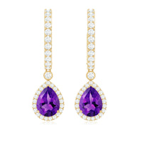 2 Carat Pear Cut Amethyst Hoop Drop Earrings with Diamond Halo