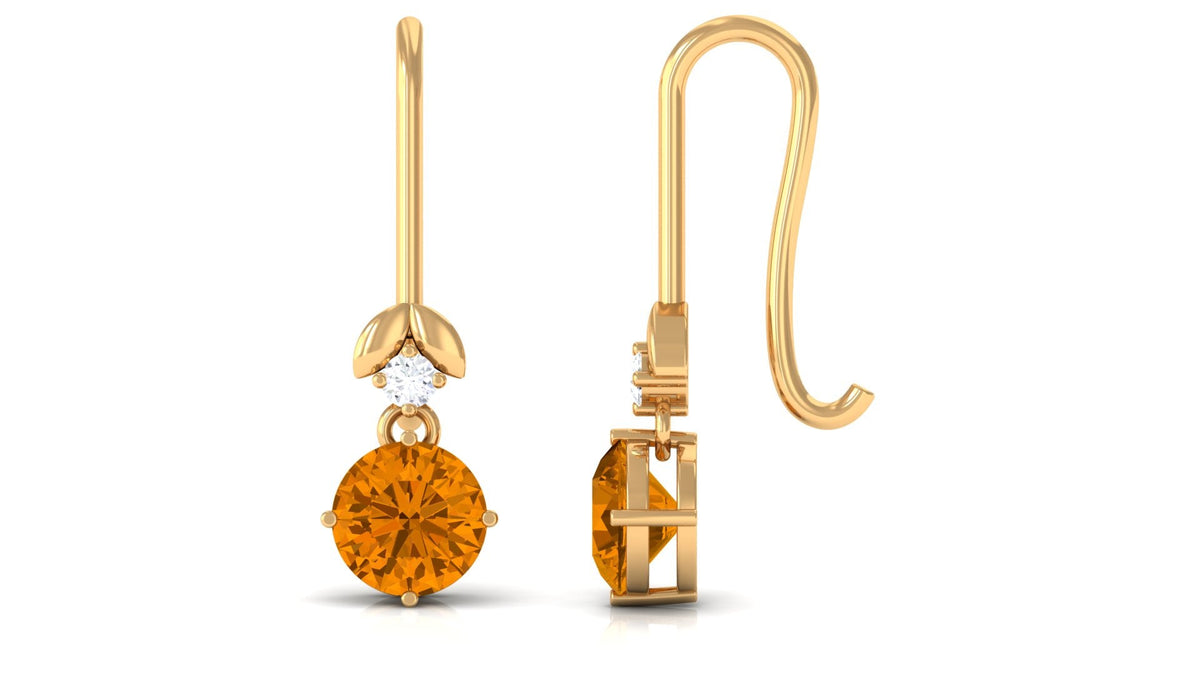 Certified Natural Citrine Diamond Drop Earrings with Fish Hook