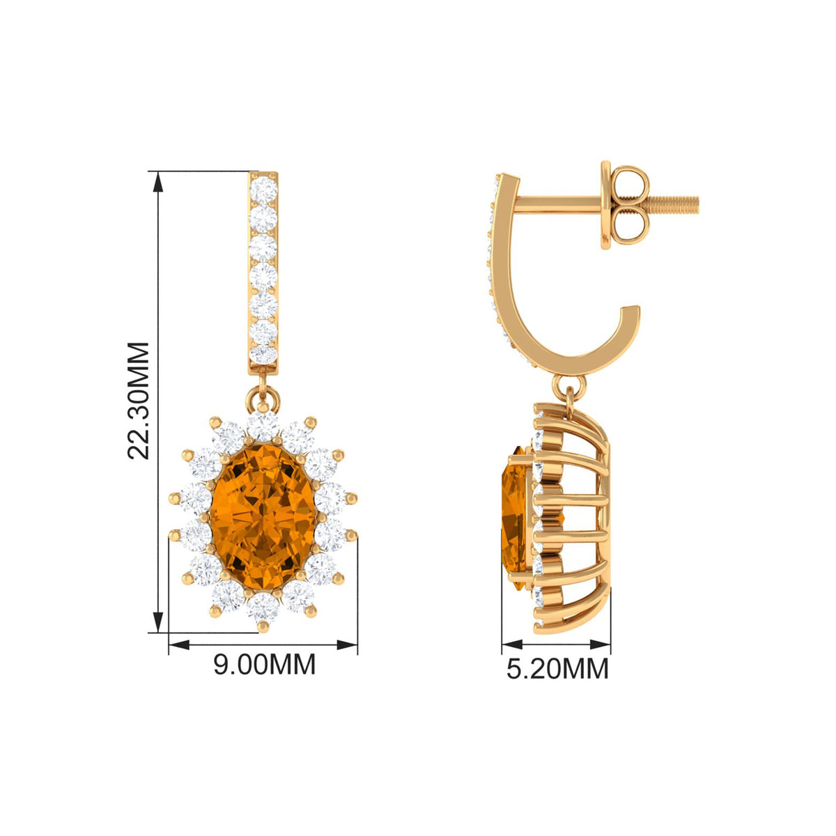 Natural 6X8mm Oval Citrine Drop Earrings with Moissanite