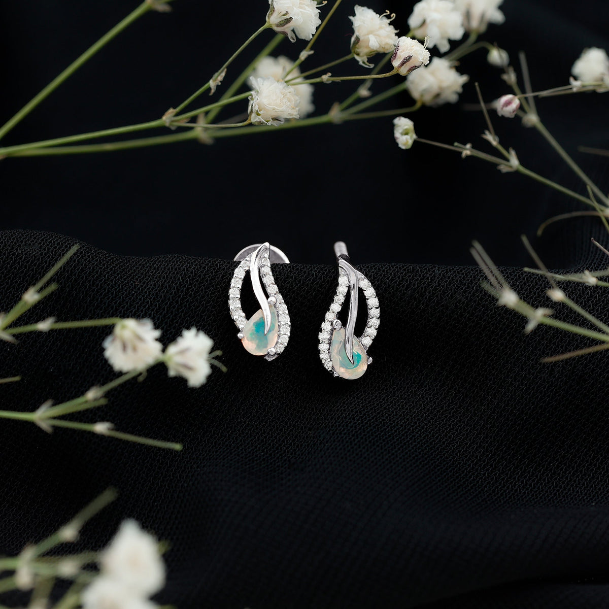 Sterling Silver Ethiopian Opal Leaf Earrings With Moissanite
