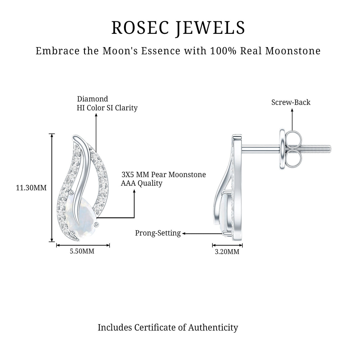 Natural Moonstone Leaf Stud Earrings with Diamond