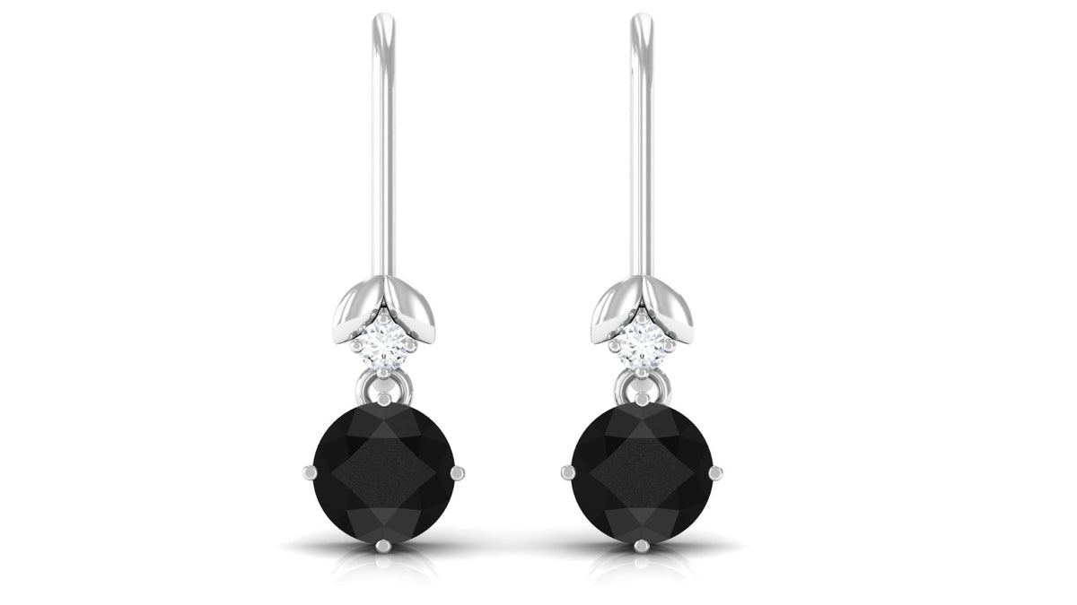 Natural Black Onyx Diamond Drop Earrings with Fish Hook