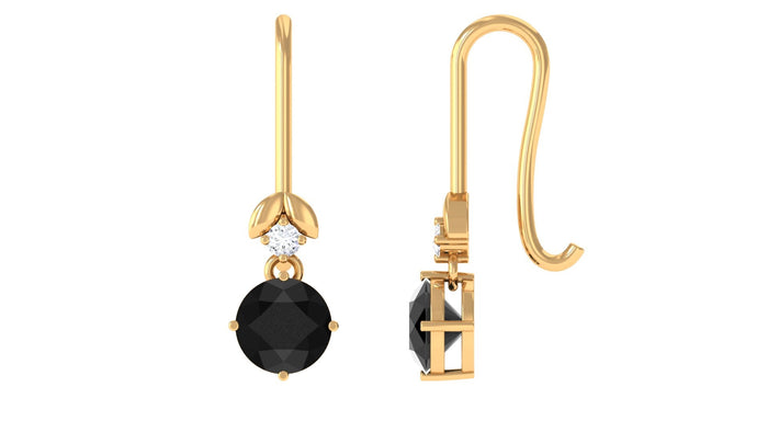 Natural black onyx diamond drop earrings with fish hook from Rosec Jewels, featuring elegant black gemstone and sparkling diamonds.