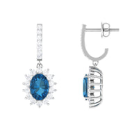 Natural 2 Carat London Blue Topaz Drop Earrings with Diamond Halo
