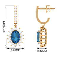 Natural 2 Carat London Blue Topaz Drop Earrings with Diamond Halo