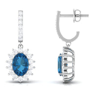 Natural 2 Carat London Blue Topaz Drop Earrings with Diamond Halo