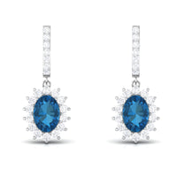 Natural 2 Carat London Blue Topaz Drop Earrings with Diamond Halo