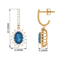 Natural 2 Carat London Blue Topaz Drop Earrings with Diamond Halo
