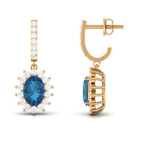 Natural 2 Carat London Blue Topaz Drop Earrings with Diamond Halo