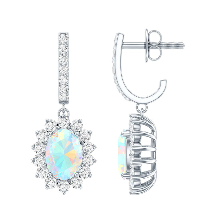 Certified 1.8 carat oval Ethiopian opal drop earrings by Rosec Jewels with certificate, featuring vibrant orange and white opal gemstones.
