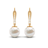 Simple Freshwater Pearl and Diamond Drop Earrings with Lever Back