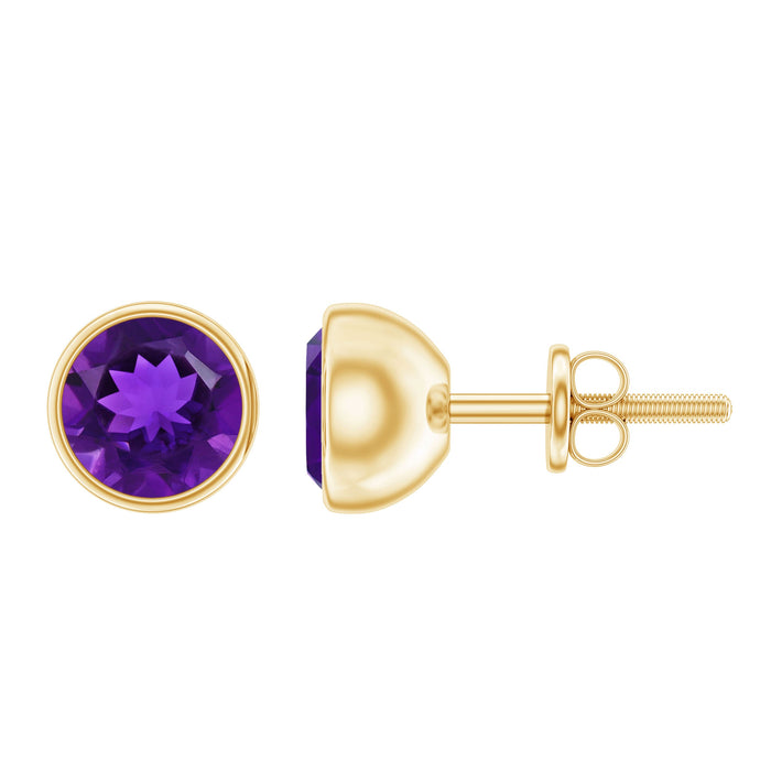 Rosec Jewels natural bezel set 7mm amethyst stud earrings with purple gemstones and silver posts.