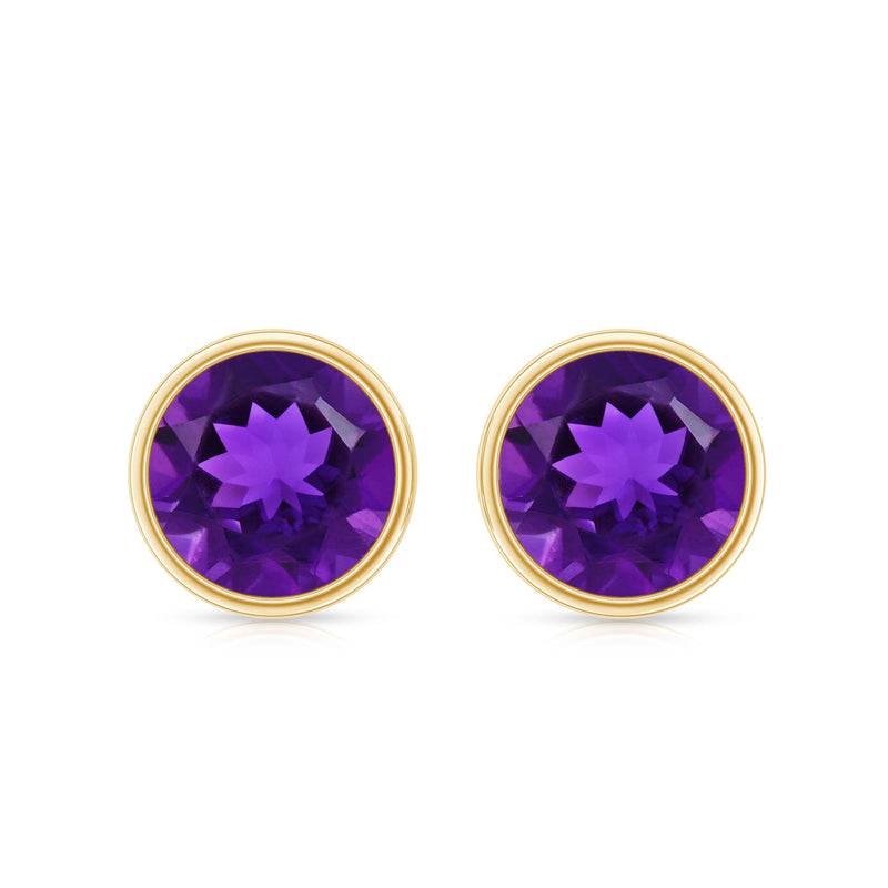 Natural bezel set 7mm amethyst stud earrings by Rosec Jewels featuring purple gemstones and silver-tone metal.