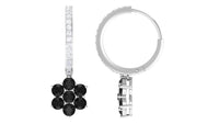 Certified Real Black Onyx Flower Drop Hoop Earrings with Diamonds