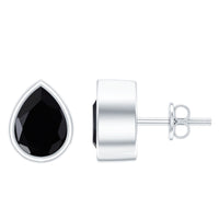 Genuine Black Onyx Teardrop Stud Earrings in Bezel Set