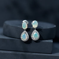 Genuine 3 Carat Ethiopian Opal Drop Dangle Earrings with Diamond Halo