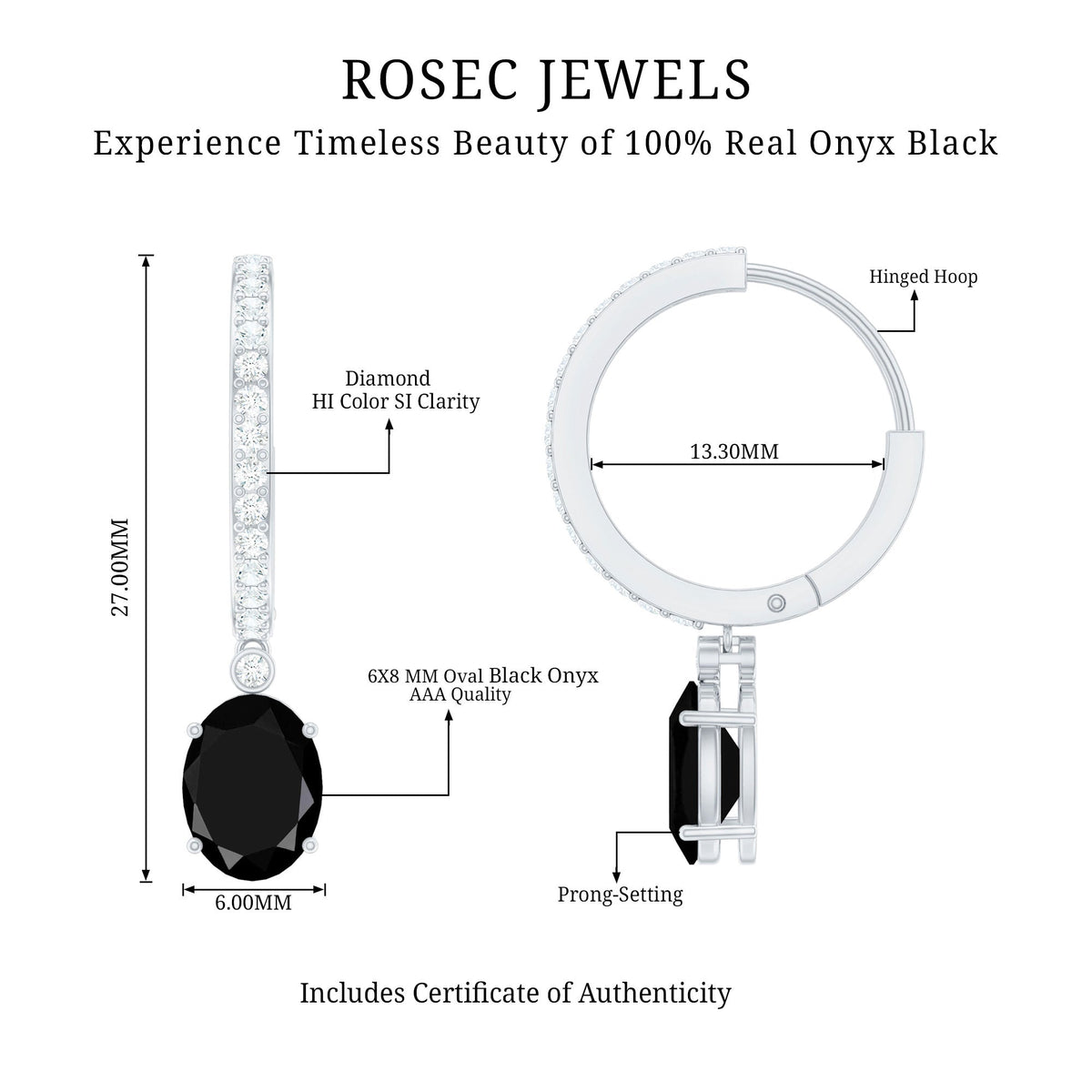 Natural 6X8mm Oval Black Onyx Hoop Drop Earrings with Diamond