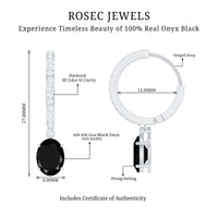 Natural 6X8mm Oval Black Onyx Hoop Drop Earrings with Diamond
