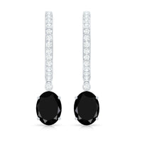 Natural 6X8mm Oval Black Onyx Hoop Drop Earrings with Diamond