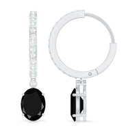Natural 6X8mm Oval Black Onyx Hoop Drop Earrings with Diamond