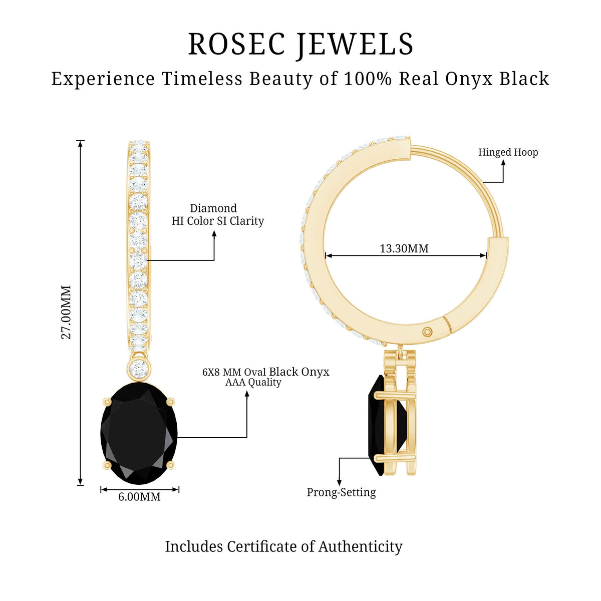 Natural 6X8mm Oval Black Onyx Hoop Drop Earrings with Diamond
