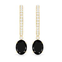 Natural 6X8mm Oval Black Onyx Hoop Drop Earrings with Diamond