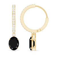 Natural 6X8mm Oval Black Onyx Hoop Drop Earrings with Diamond