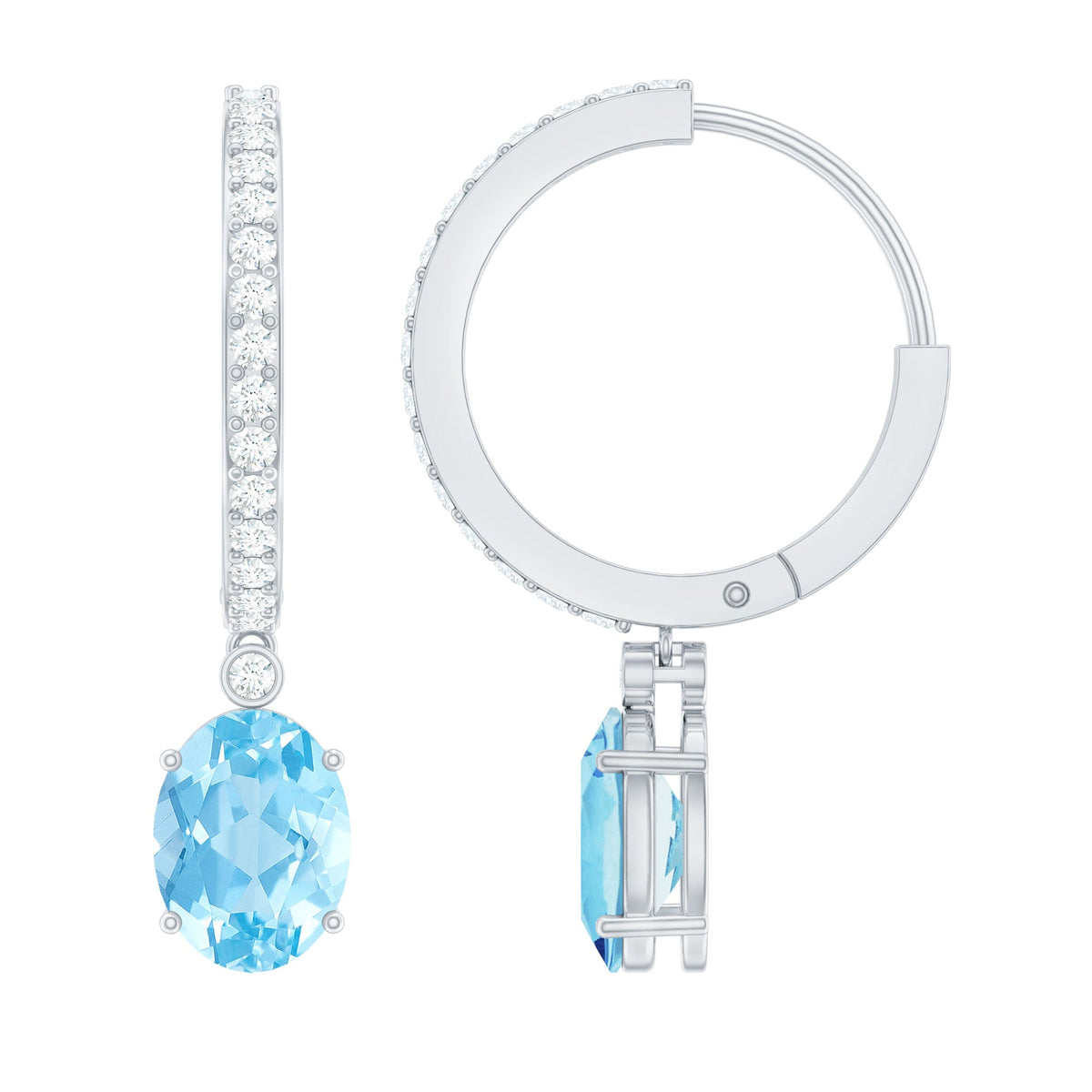 Genuine 2.2 Carat Oval Cut Aquamarine Hoop Drop Earrings with Diamond