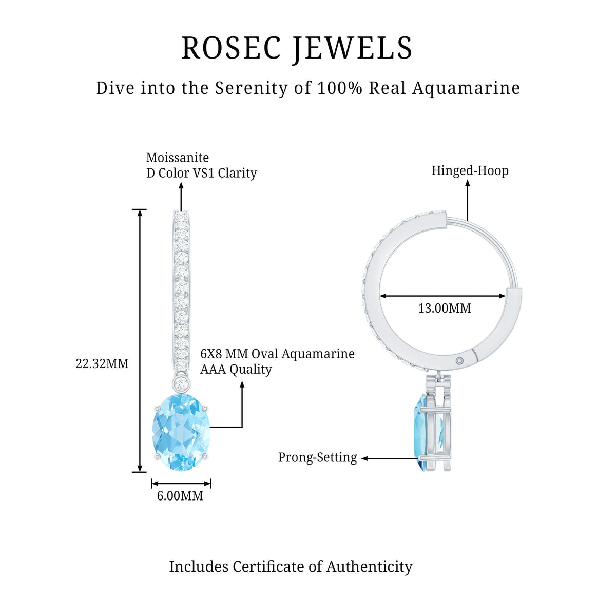 Genuine 2.2 Carat Oval Cut Aquamarine Hoop Drop Earrings with Diamond